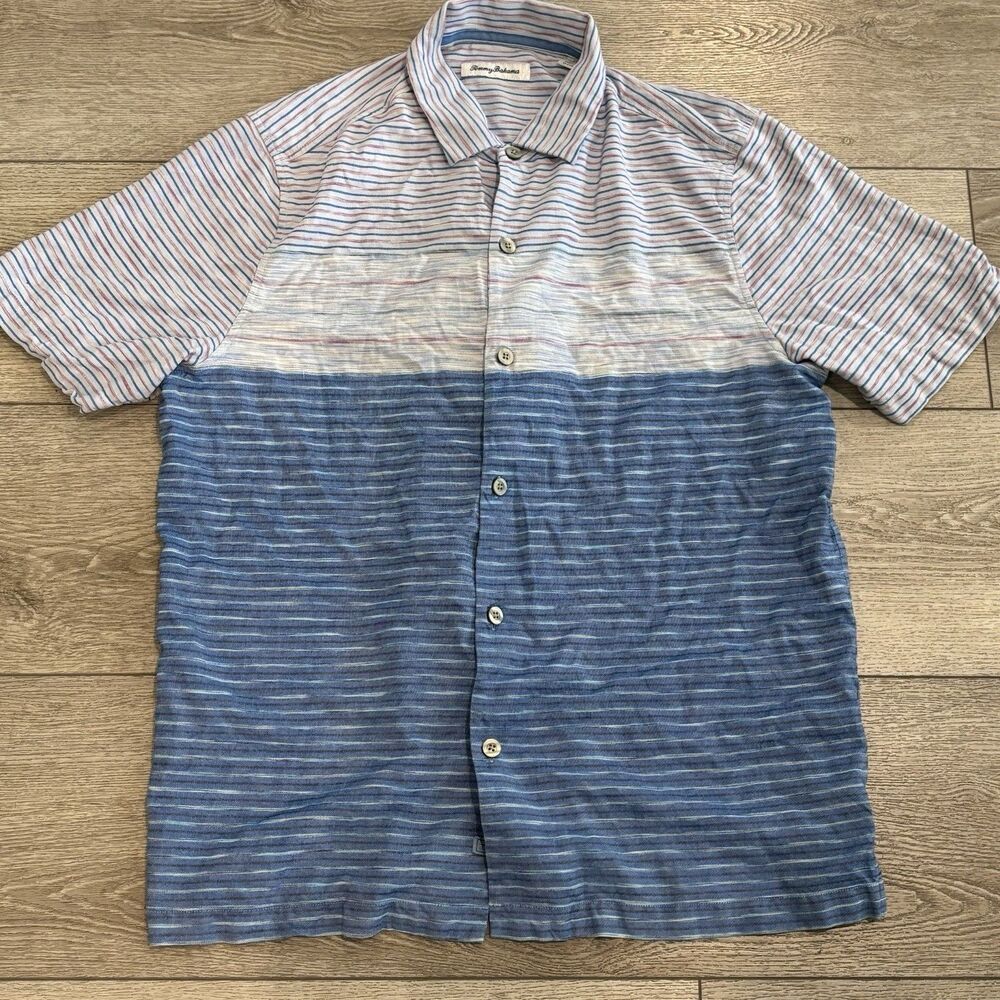 Tommy Bahama 100% Silk Camp Shirt‎ Mens Large Blue Striped Casual Button Down